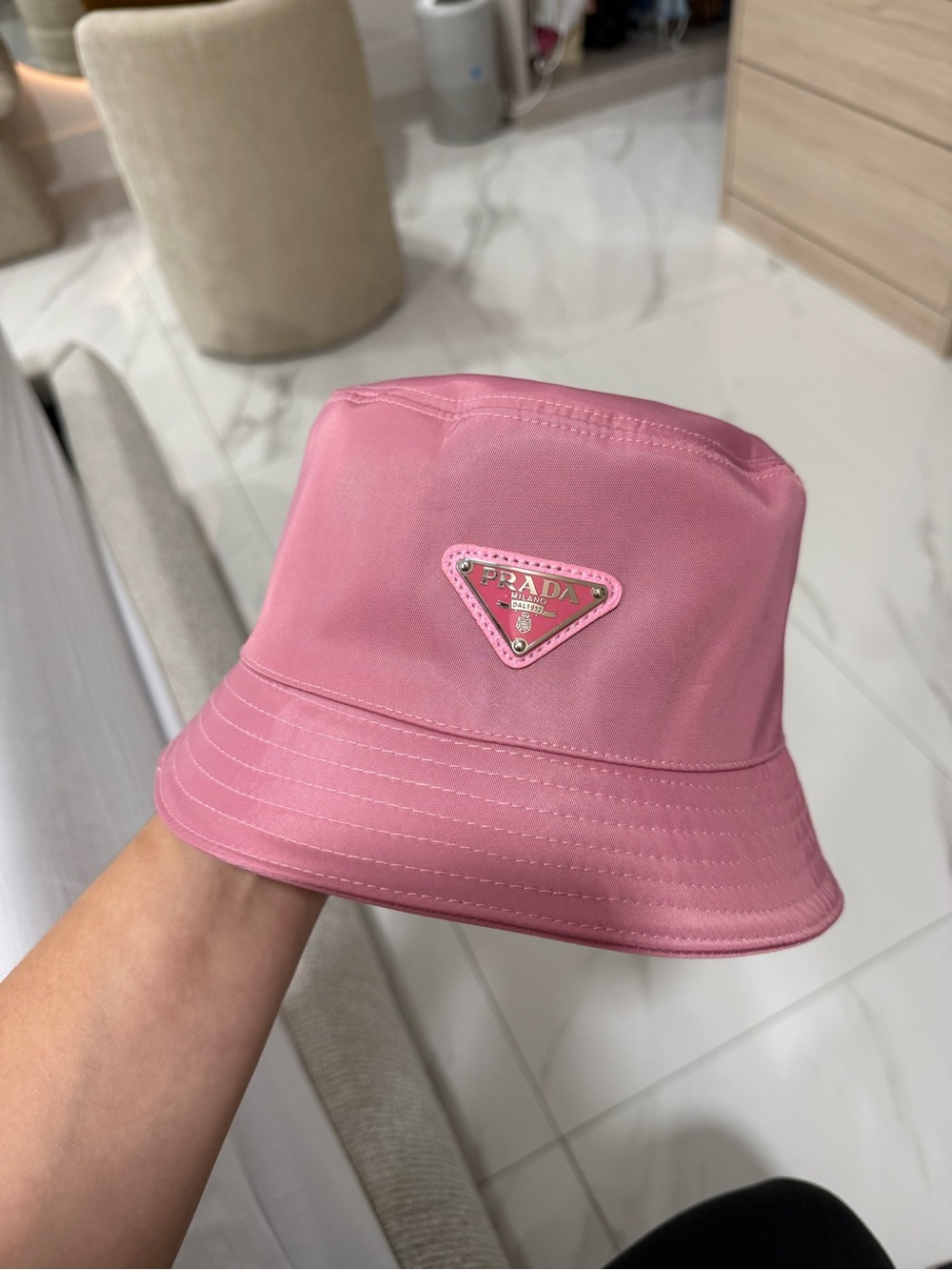 Authentic Prada Pink Bucket Hat with Triangle Logo